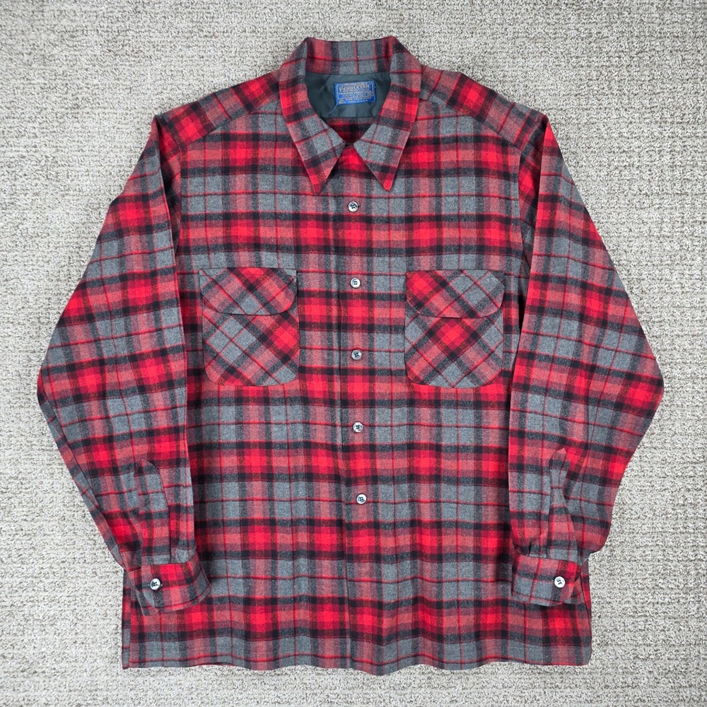 Vintage 70s Pendleton Wool Board Shirt XL Red Gray Plaid Flannel Made USA Read